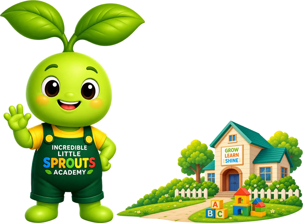 The Little Sprouts mascot waving in front of the academy