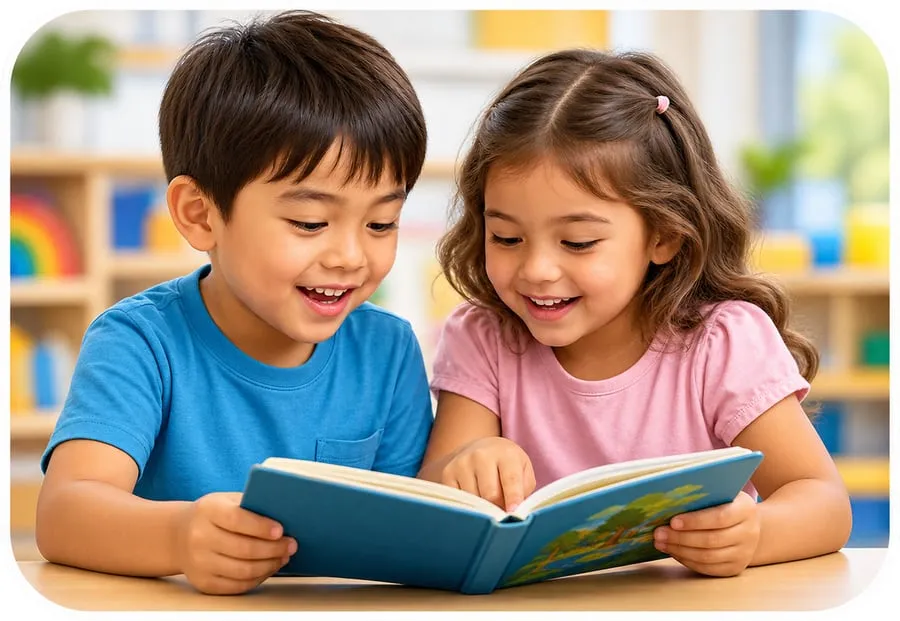 Two children reading a book together at the academy
